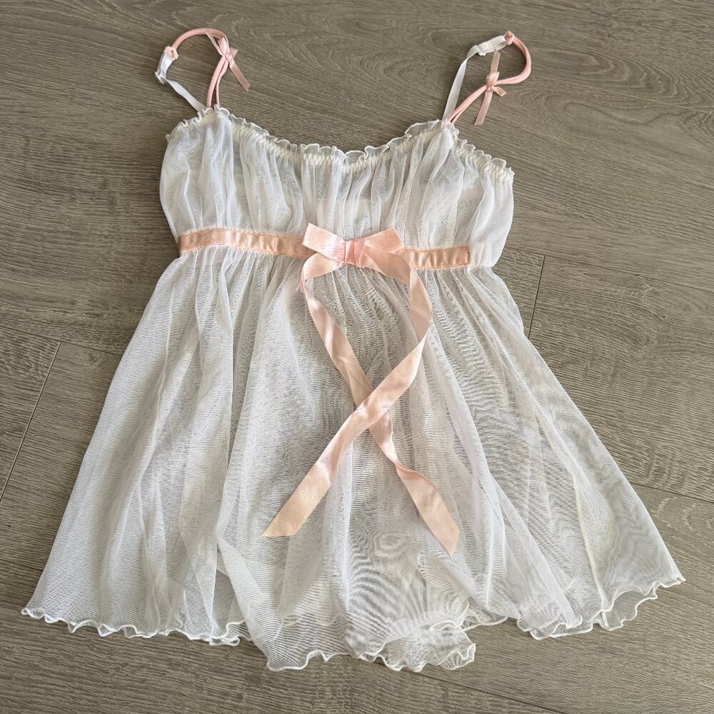 Rampage Sheer White Babydoll Lingerie Pink Satin Bow S
